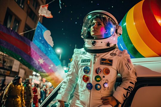 People at the gay pride party in astronaut costume. Generative AI illustration.