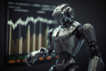Future business 3d technology robot and stock chart traders, stock chart analysis to beat the market. Generative AI.