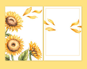 Greeting card with watercolor sunflowers and flower petals
