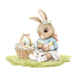 Watercolor vintage girl bunny rabbit in dress and wicker basket with Easter eggs on green lawn isolated on white background. Watercolor hand drawn illustration sketch