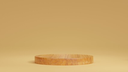 3D podium on brown or yellow background.Realistic Wooden stand.Platform show cosmetic product.Pedestal,Abstract scene,Empty,display presentation,Pastel beige.Minimal mockup 3d render.