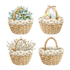 Fototapeta na wymiar Watercolor set with vintage four wicker basket with colorful Easter eggs, flowers and willow bouquet isolated on white background. Watercolor hand drawn illustration sketch