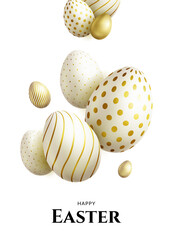 Happy Easter background. Greeting card with white eggs with golden patterns on white background.