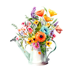  Watercolor bouquet in watering can . Botanical illustration. Generative ai