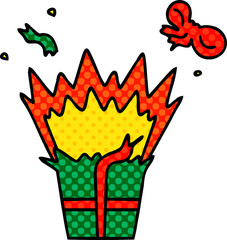 quirky comic book style cartoon of an explosive present