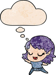 carton happy elf girl dancing and thought bubble in grunge texture pattern style