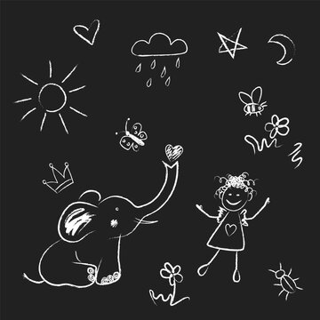 Doodles Are Drawn By A Child's Hand With Chalk On Asphalt Or On A School Board. Simple Outline Game Elephant And Girl, Sun, Cloud, Icons. White Lines On A Dark Background