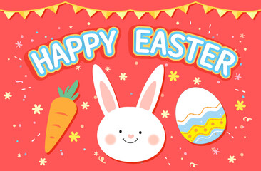 Happy Easter banner cute  bunny  Easter egg  rabbit illustration with text happy Easter