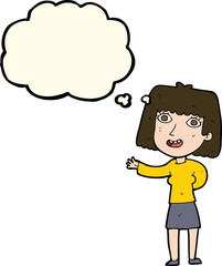 cartoon friendly woman waving with thought bubble