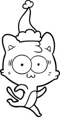 line drawing of a surprised cat running wearing santa hat