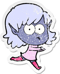distressed sticker of a cartoon elf girl staring