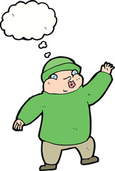 cartoon man in hat waving with thought bubble