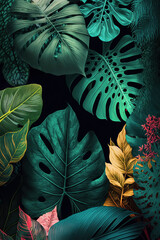 Lush tropical leaves vertical background. Generative AI