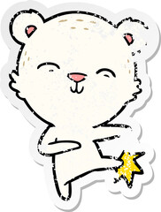 distressed sticker of a happy cartoon polar bear kicking