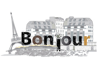 Design  with french lettering Bonjour and the Eiffel tower and Paris sights, architectural elements. Hand drawn vector illustration. - 572300700