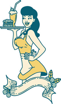 tattoo style icon of a pinup waitress girl with banner