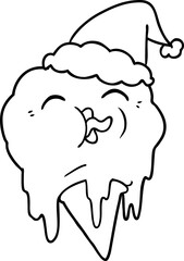 line drawing of a melting ice cream wearing santa hat