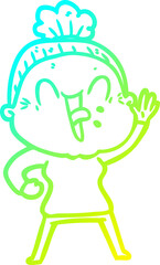 cold gradient line drawing cartoon happy old woman