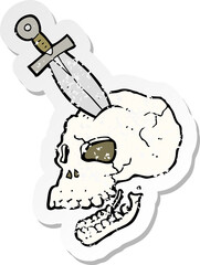 retro distressed sticker of a cartoon dagger stuck in skull