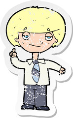 retro distressed sticker of a cartoon school boy answering question