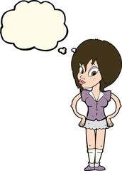 cartoon woman with hands on hips with thought bubble