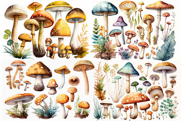 Watercolor illustration of mushrooms collection on white background - AI generative - obrazy, fototapety, plakaty