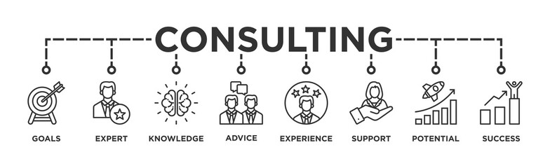 Consulting banner web icon vector illustration concept for business consultation with an icon of goals, expert, knowledge, advice, experience, support, potential, and success
