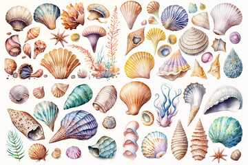 Watercolor illustration of shells collection on white background - AI generative - obrazy, fototapety, plakaty