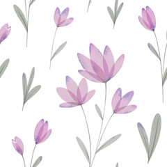 Seamless watercolor floral pattern on white background. Pink flowers. Colorful garden illustration on white background, hand painted with abstract flowers, leaves and plants, designer texture.