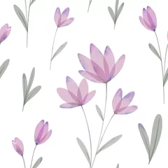 Papier peint Aquarelle ensemble 1 Seamless watercolor floral pattern on white background. Pink flowers. Colorful garden illustration on white background, hand painted with abstract flowers, leaves and plants, designer texture.