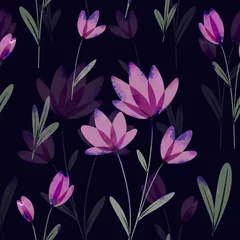 Tapeten Seamless watercolor floral pattern on white background. Pink flowers. Colorful garden illustration on dark background, hand painted with abstract flowers, leaves and plants, designer texture. © Tatiana 