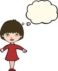 cartoon woman in dress with thought bubble