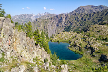 Fototapeta na wymiar View of the lakes called Lacs de Vens and the hut Refuge des Lacs de Vens, Mercantour National Park, Maritime Alps, Western Alps, France, Europe