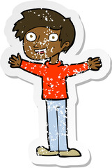 retro distressed sticker of a cartoon enthusiastic man