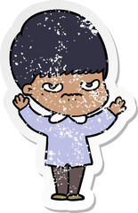 distressed sticker of a annoyed cartoon boy