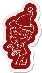 cartoon  sticker of a woman with eyes shut wearing santa hat