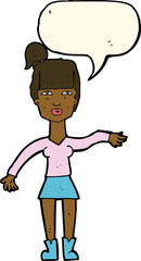 cartoon woman making dismissive gesture with thought bubble