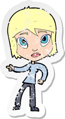 retro distressed sticker of a cartoon pointing woman