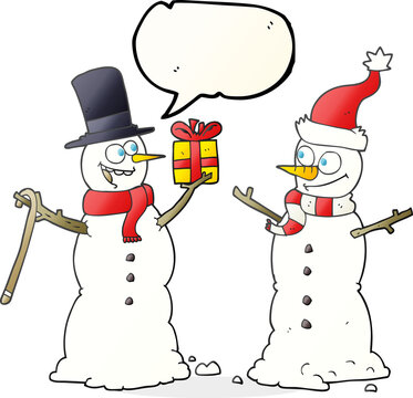 speech bubble cartoon snowmen exchanging gifts