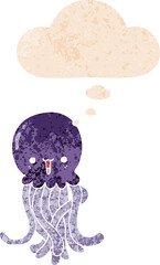 cartoon jellyfish and thought bubble in retro textured style