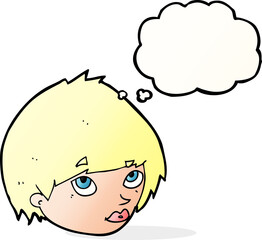 cartoon female face looking up with thought bubble