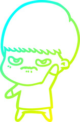 cold gradient line drawing annoyed cartoon boy