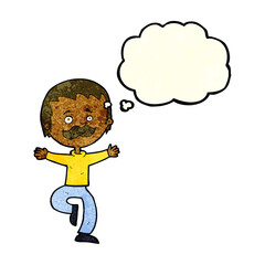 cartoon dancing man with mustache with thought bubble