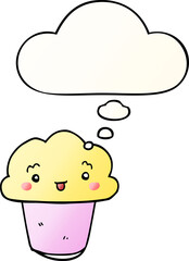 cartoon cupcake with face and thought bubble in smooth gradient style