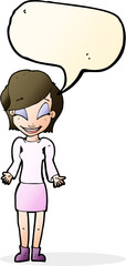 cartoon happy woman shrugging shoulders with speech bubble