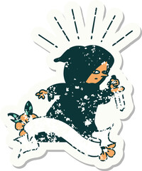 Naklejka premium grunge sticker of tattoo style assassin with knife