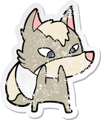 distressed sticker of a shy cartoon wolf