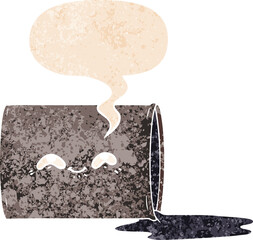 cartoon oil drum and speech bubble in retro textured style