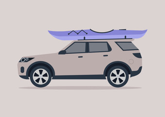 A car with a kayak on the rooftop, active outdoor sports, summer adventures