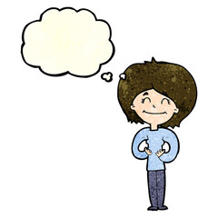 cartoon happy woman with thought bubble